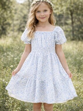 Altar’d State Girls Blue Floral Smocked Dress Cottagecore Puff Sleeve Size M